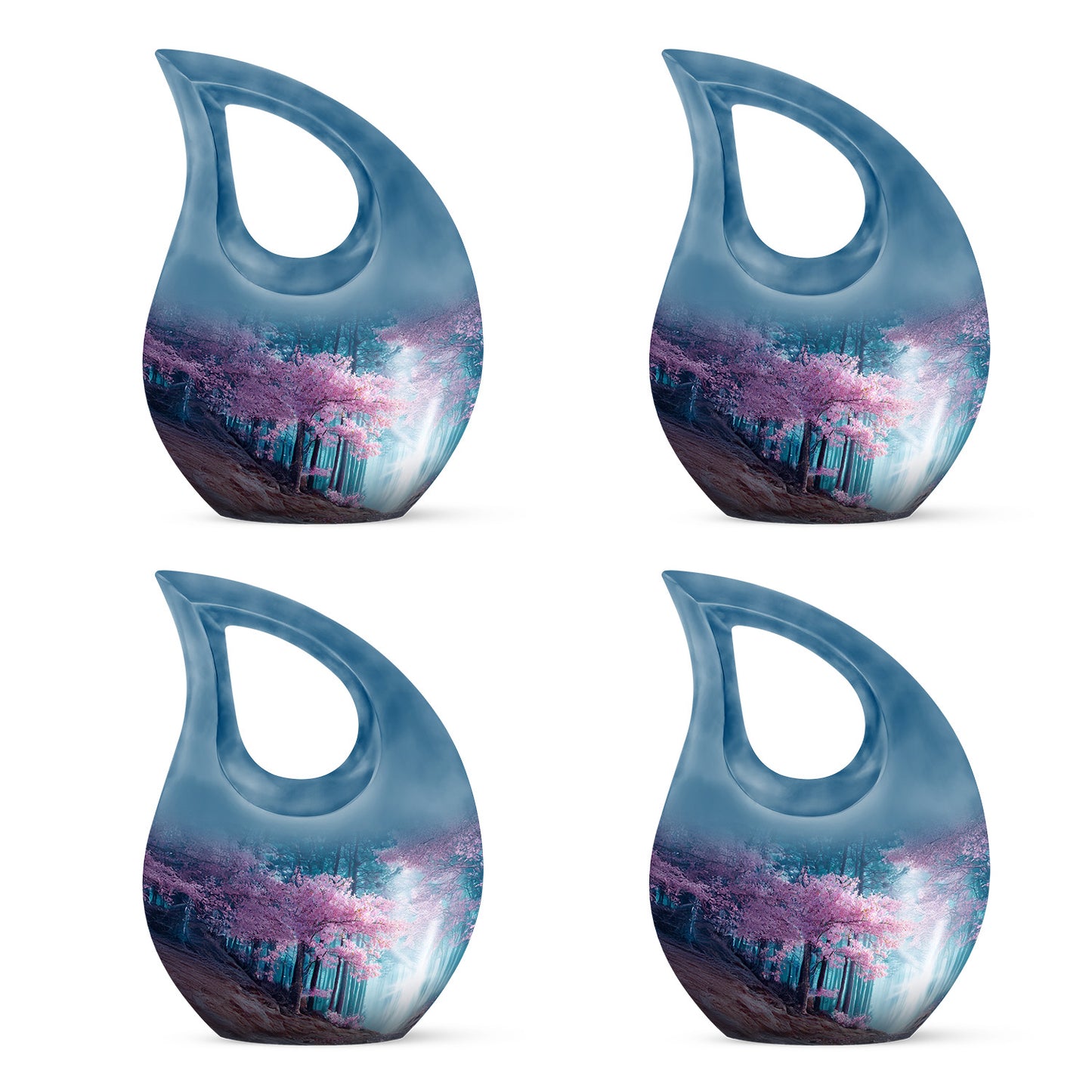 Icy Blue Cherry Blossom Cremation Urn lifestyle display on memorial shelf - cross and cherry blossom combined in spiritual memorial design - 10 inch aluminum urn for cremated remains