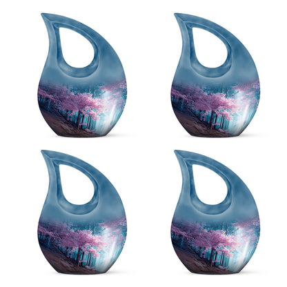 Icy Blue Cherry Blossom Cremation Urn lifestyle display on memorial shelf - cross and cherry blossom combined in spiritual memorial design - 10 inch aluminum urn for cremated remains