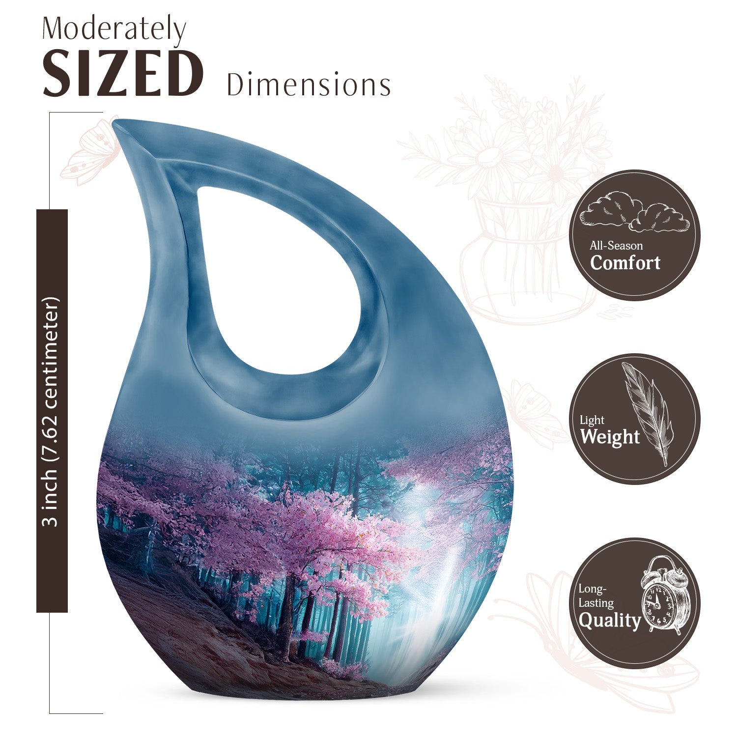 Bright Blue Cherry Blossom Cremation Urn back view with polished surface - devotional cross-drop cherry blossom engraving - mini keepsake memorial for portion of cremation ashes