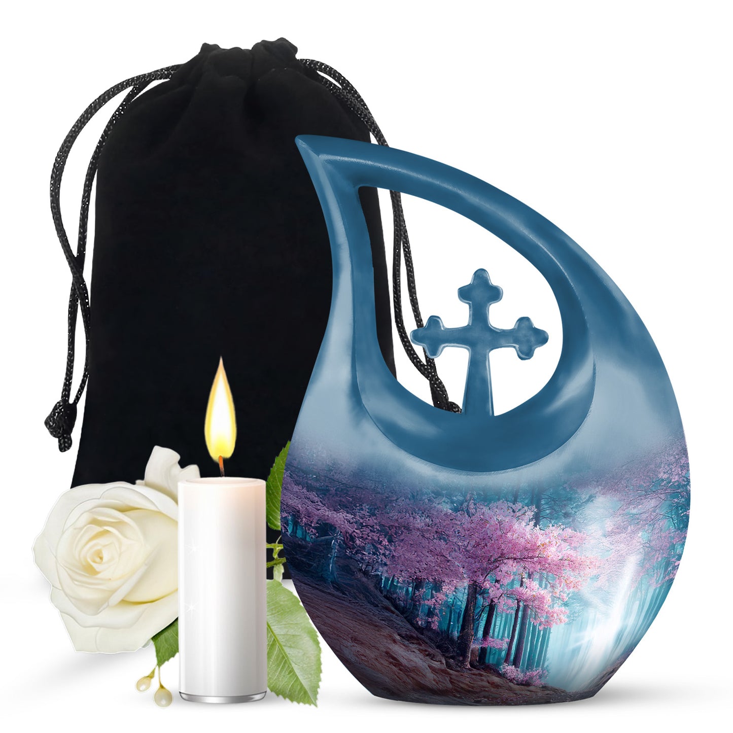 Sky Blue Cherry Blossom Cremation Urn top-down view of secure threaded lid - sacred cross merged with cherry blossom motif on metal - full-size 10 inch 200 cubic inch adult cremation urn