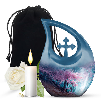 Sky Blue Cherry Blossom Cremation Urn top-down view of secure threaded lid - sacred cross merged with cherry blossom motif on metal - full-size 10 inch 200 cubic inch adult cremation urn