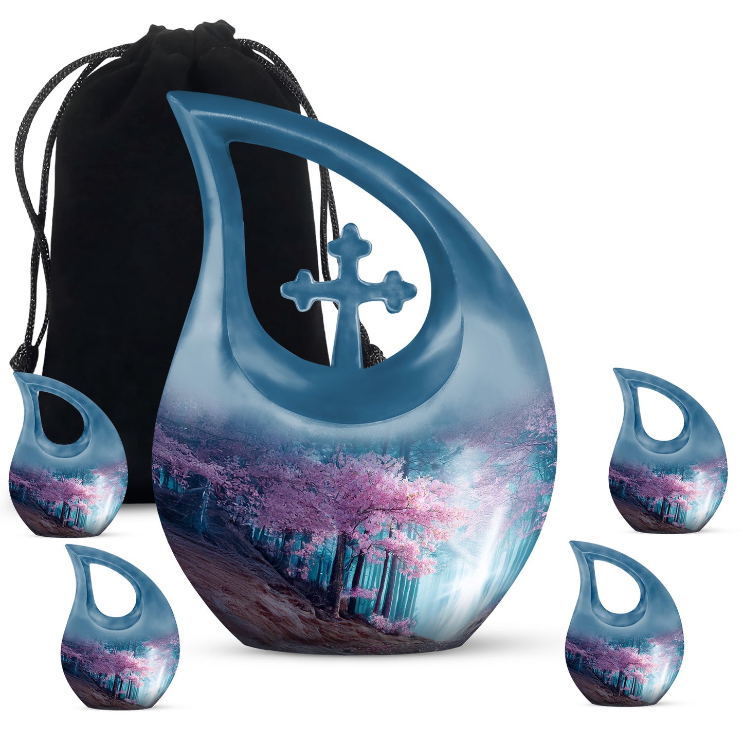 Twilight Blue Cherry Blossom Cremation Urn urn with complimentary velvet bag - faith-inspired cross-drop urn with cherry blossom pattern - memorial set with one large and four small urns
