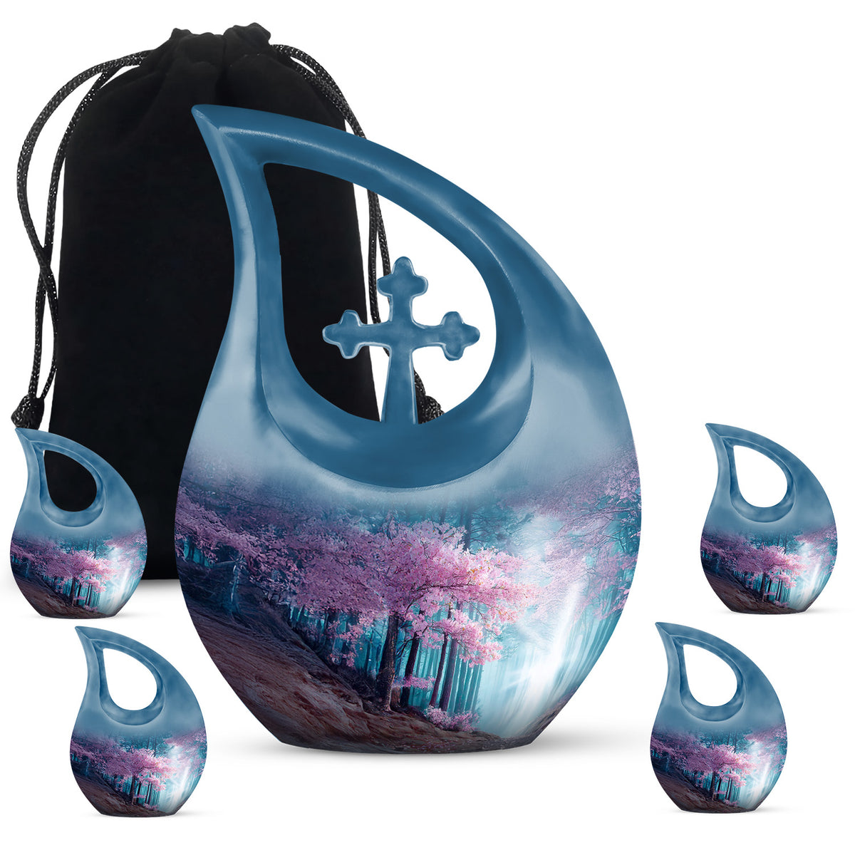 Twilight Blue Cherry Blossom Cremation Urn urn with complimentary velvet bag - faith-inspired cross-drop urn with cherry blossom pattern - memorial set with one large and four small urns