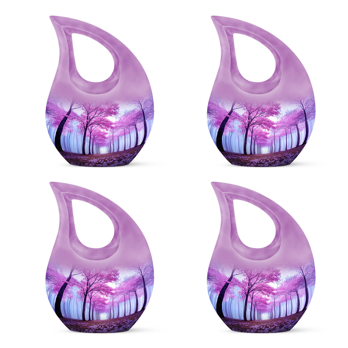 Steel Blue Cherry Blossom Cremation Urn lifestyle display on memorial shelf - faith-inspired cross-drop urn with cherry blossom pattern - 10 inch aluminum urn for cremated remains