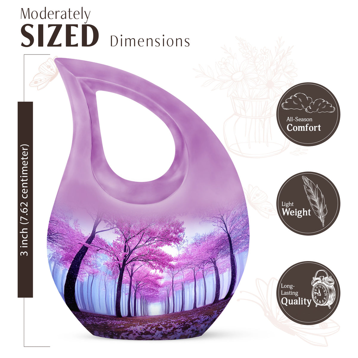 Soft Blue Cherry Blossom Cremation Urn back view with polished surface - faith-inspired cross-drop urn with cherry blossom pattern - mini keepsake memorial for portion of cremation ashes