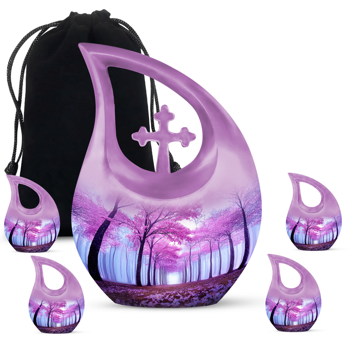 Soft Blue Cherry Blossom Cremation Urn urn with complimentary velvet bag - devotional cross-drop cherry blossom engraving - memorial set with one large and four small urns