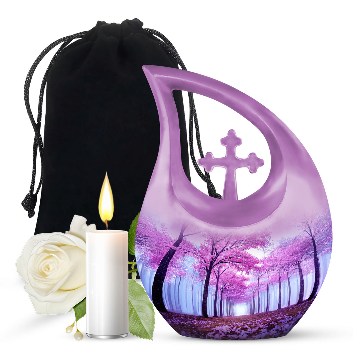 Pastel Blue Cherry Blossom Cremation Urn top-down view of secure threaded lid - sacred cross merged with cherry blossom motif on metal - full-size 10 inch 200 cubic inch adult cremation urn