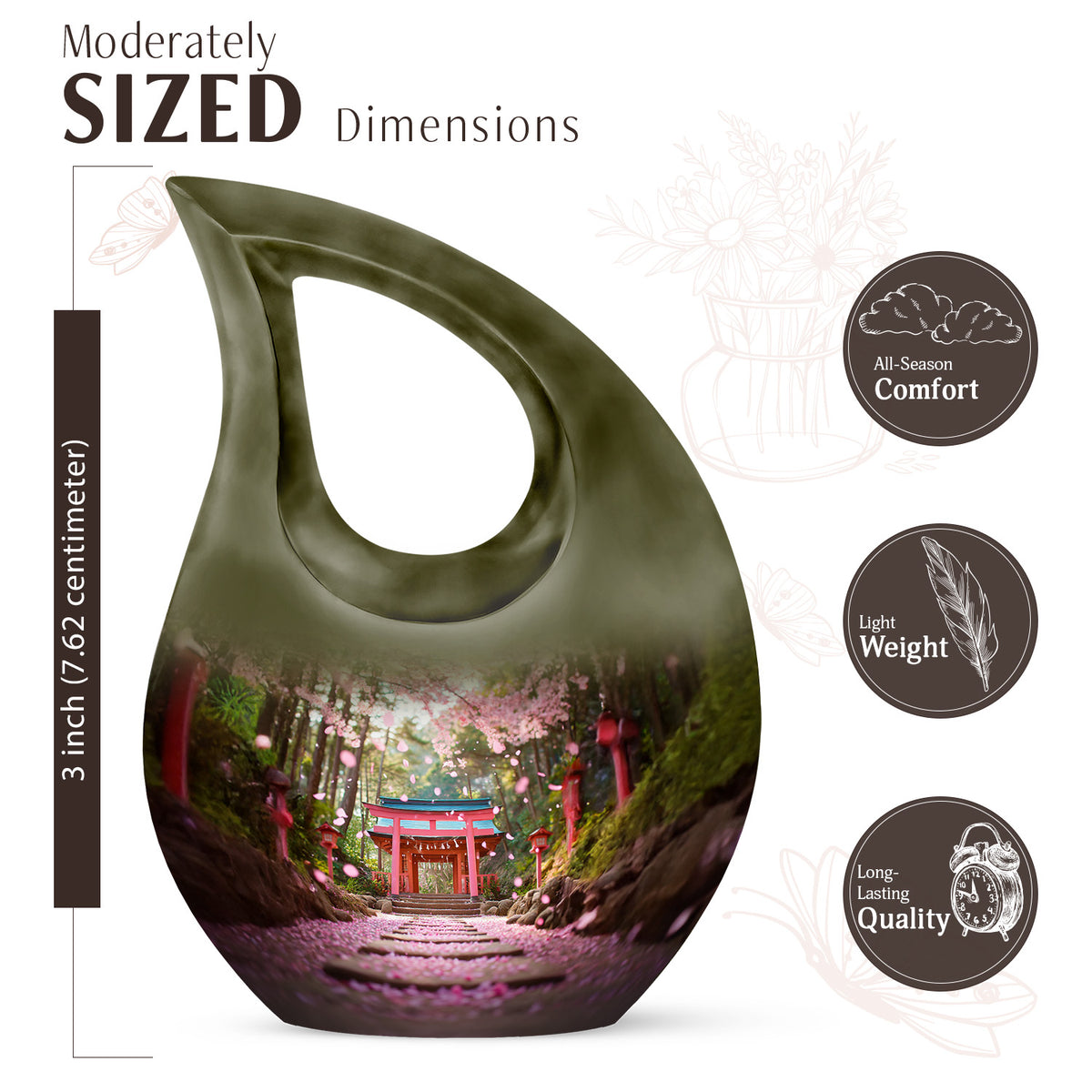 Gilded Gold Cherry Blossom Cremation Urn back view with polished surface - cross and cherry blossom combined in spiritual memorial design - mini keepsake memorial for portion of cremation ashes