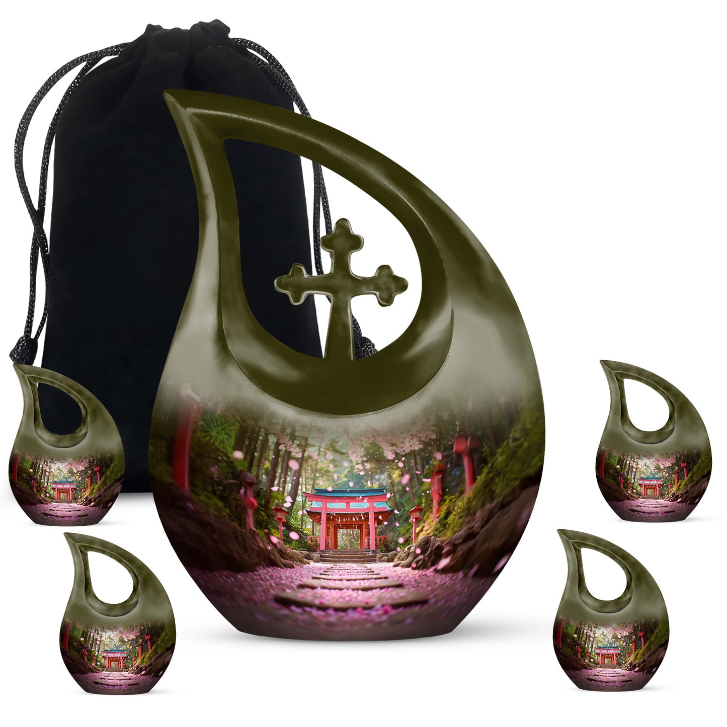 Warm Gold Cherry Blossom Cremation Urn urn with complimentary velvet bag - devotional cross-drop cherry blossom engraving - memorial set with one large and four small urns