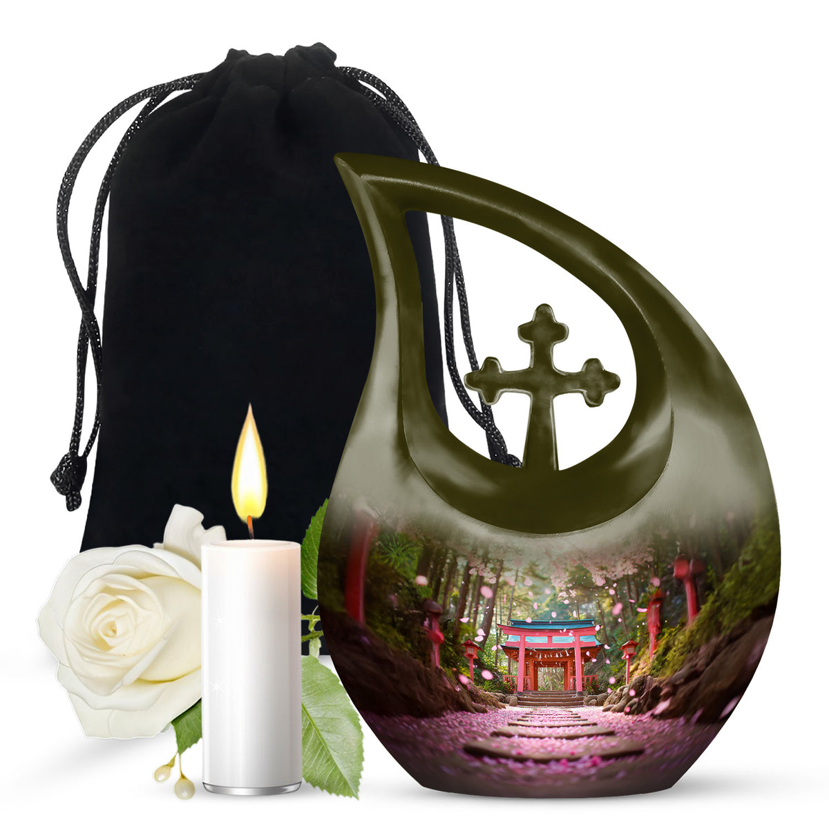 Matte Gold Cherry Blossom Cremation Urn top-down view of secure threaded lid - faith-inspired cross-drop urn with cherry blossom pattern - full-size 10 inch 200 cubic inch adult cremation urn