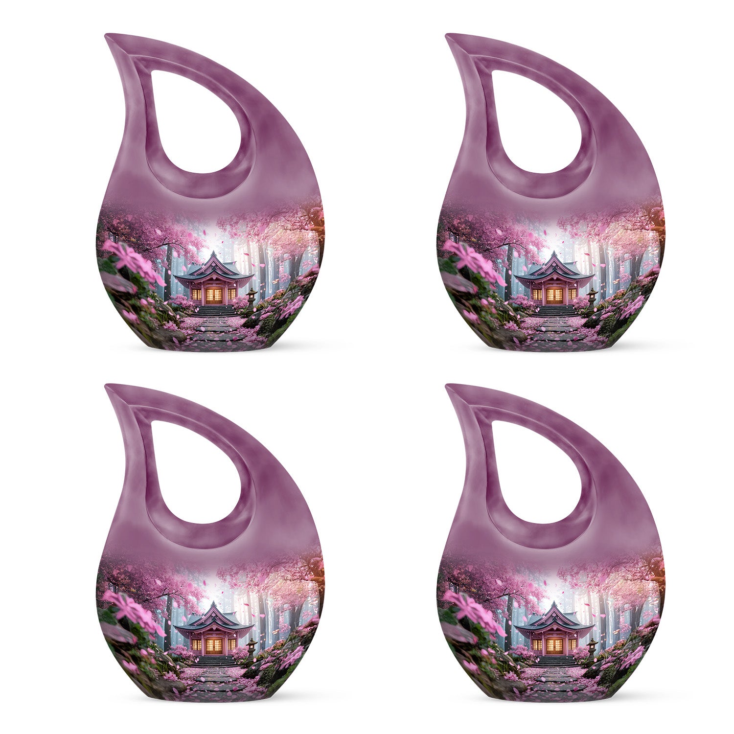 Blush Pink Cherry Blossom Cremation Urn lifestyle display on memorial shelf - sacred cross merged with cherry blossom motif on metal - 10 inch aluminum urn for cremated remains