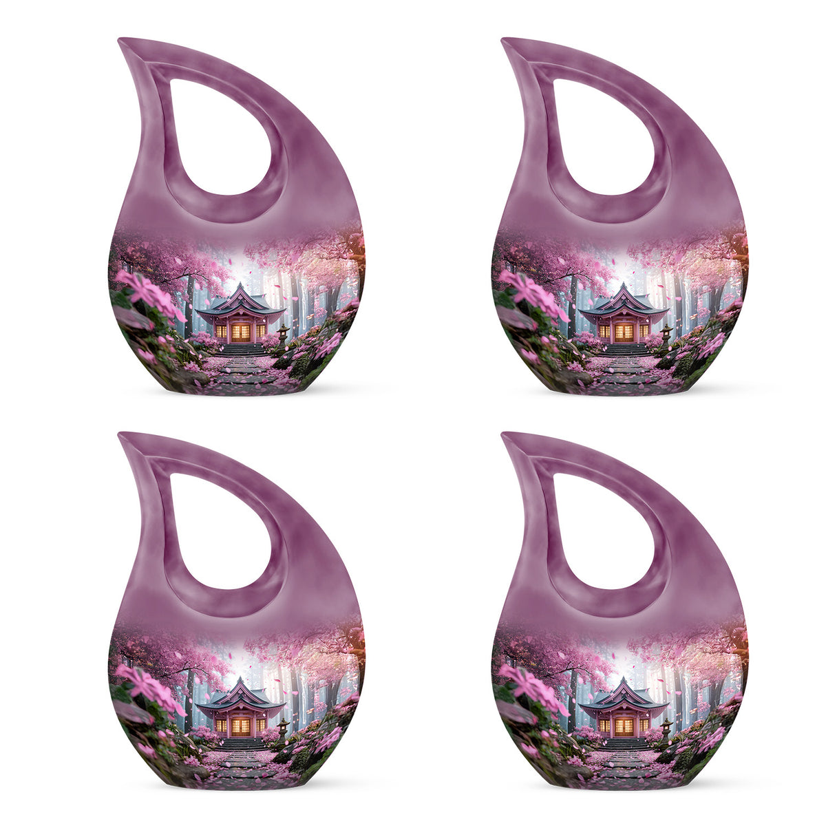 Blush Pink Cherry Blossom Cremation Urn lifestyle display on memorial shelf - sacred cross merged with cherry blossom motif on metal - 10 inch aluminum urn for cremated remains