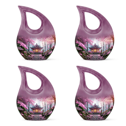 Blush Pink Cherry Blossom Cremation Urn lifestyle display on memorial shelf - sacred cross merged with cherry blossom motif on metal - 10 inch aluminum urn for cremated remains