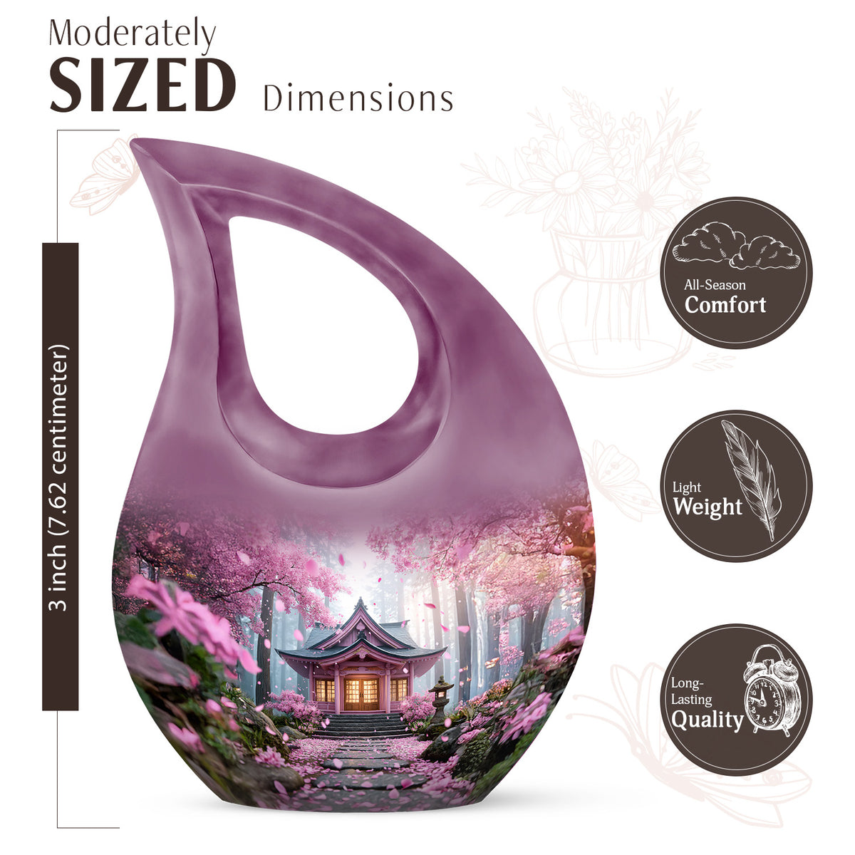 Rose Pink Cherry Blossom Cremation Urn back view with polished surface - sacred cross merged with cherry blossom motif on metal - mini keepsake memorial for portion of cremation ashes
