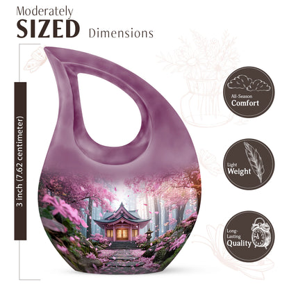 Rose Pink Cherry Blossom Cremation Urn back view with polished surface - sacred cross merged with cherry blossom motif on metal - mini keepsake memorial for portion of cremation ashes