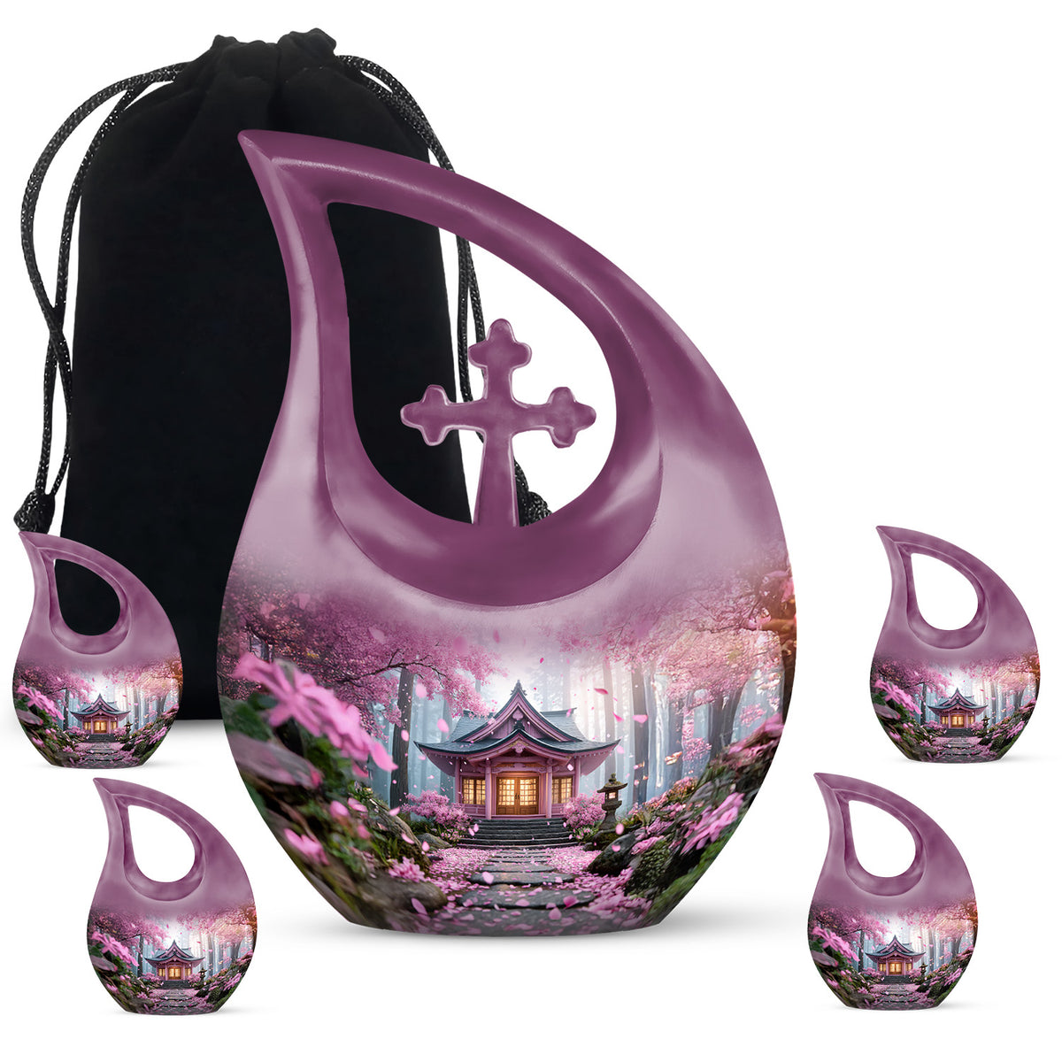 Rose Pink Cherry Blossom Cremation Urn urn with complimentary velvet bag - cross and cherry blossom combined in spiritual memorial design - memorial set with one large and four small urns