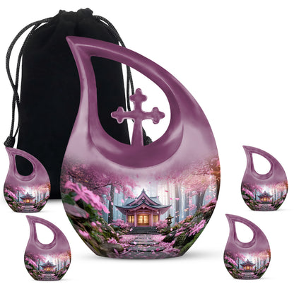 Rose Pink Cherry Blossom Cremation Urn urn with complimentary velvet bag - cross and cherry blossom combined in spiritual memorial design - memorial set with one large and four small urns