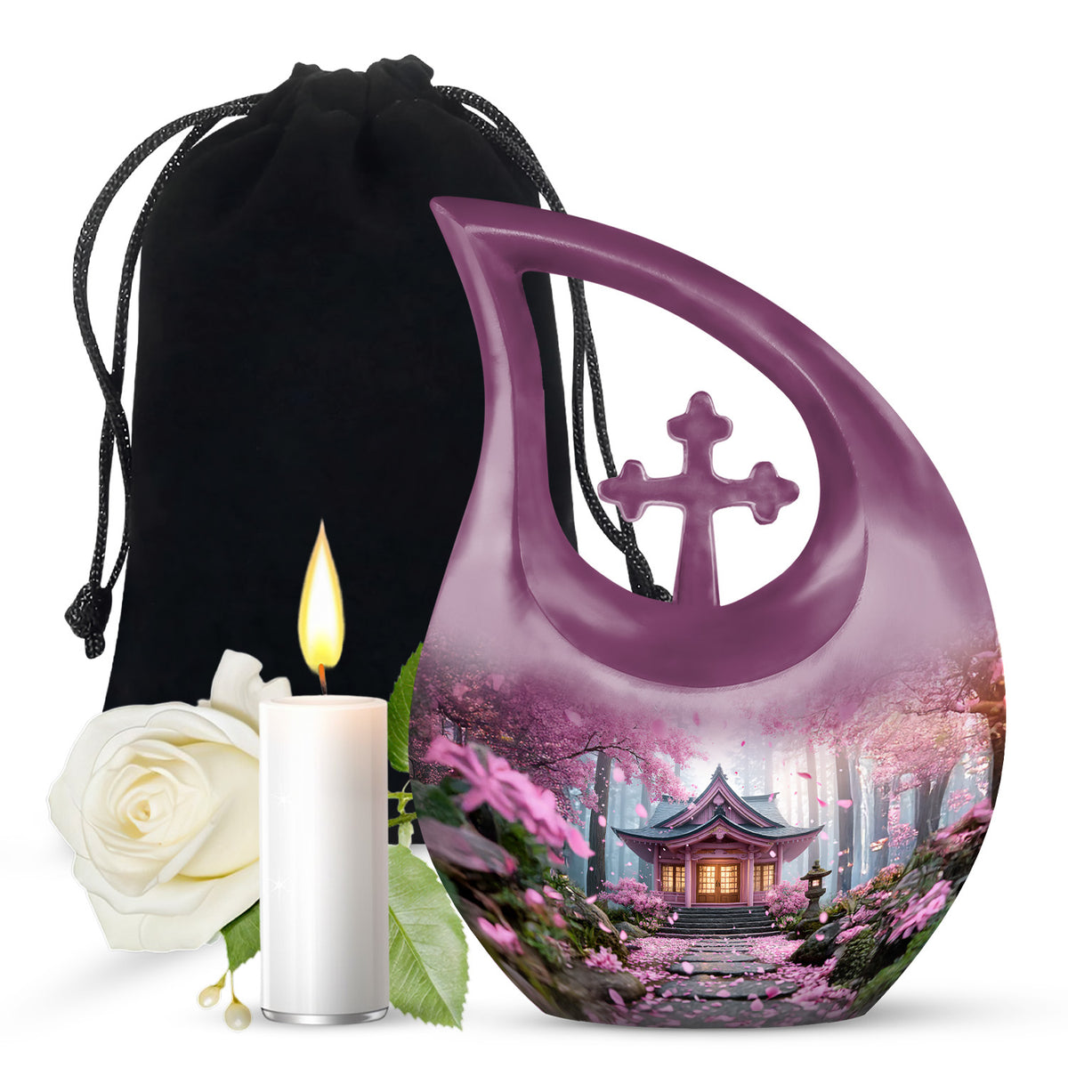 Dusty Pink Cherry Blossom Cremation Urn top-down view of secure threaded lid - faith-inspired cross-drop urn with cherry blossom pattern - full-size 10 inch 200 cubic inch adult cremation urn