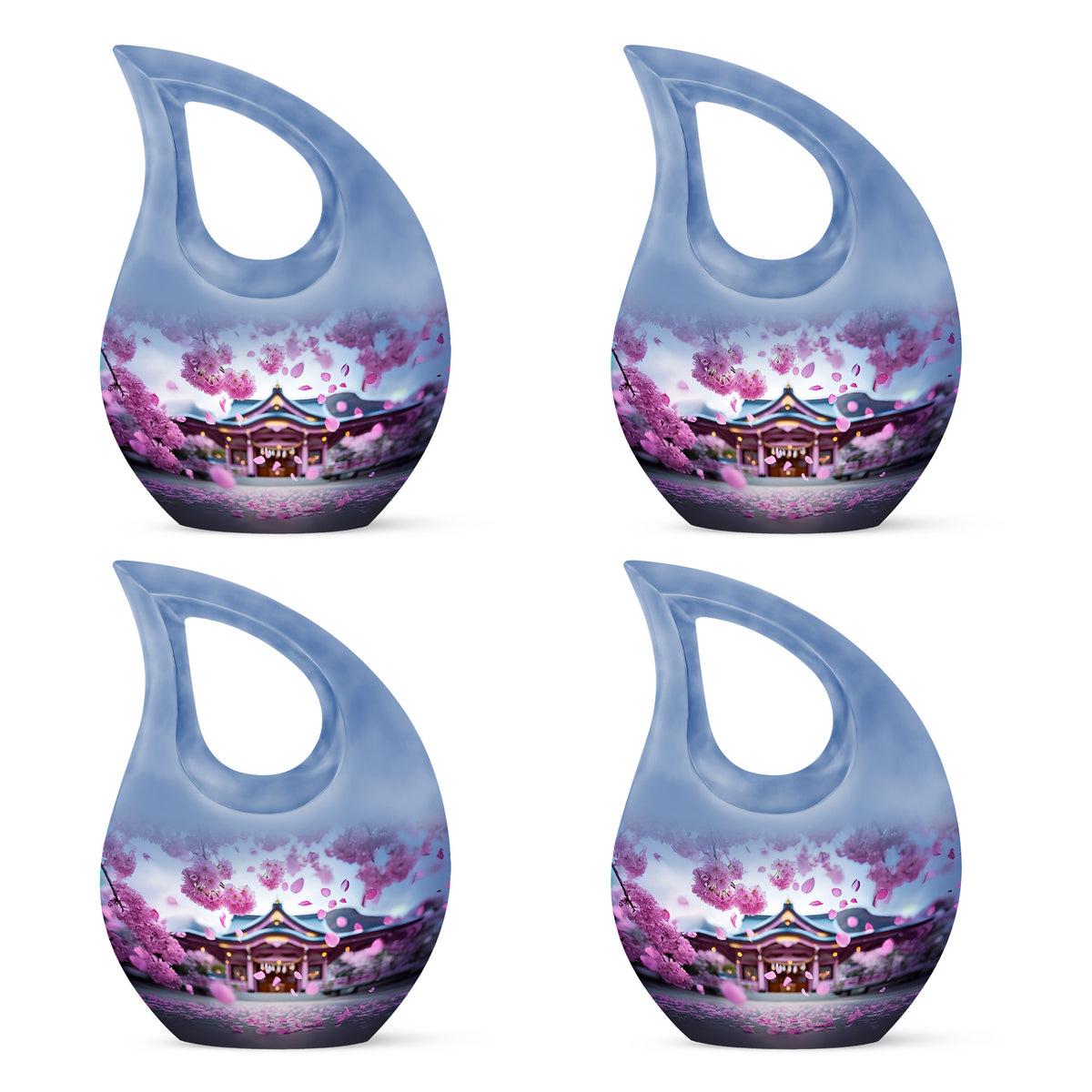 Dusty Pink Cherry Blossom Cremation Urn lifestyle display on memorial shelf - devotional cross-drop cherry blossom engraving - 10 inch aluminum urn for cremated remains