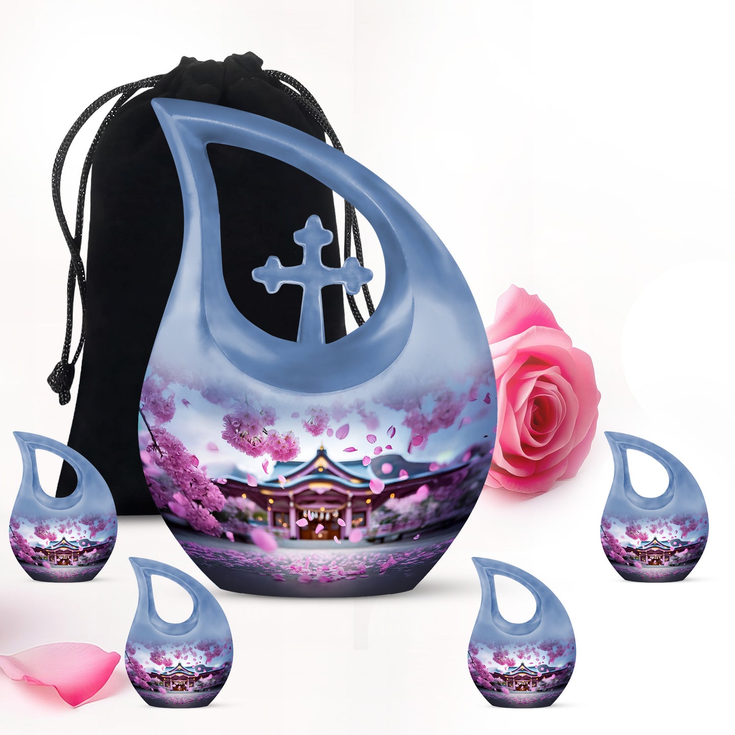Vintage Pink Cherry Blossom Cremation Urn urn with complimentary velvet bag - faith-inspired cross-drop urn with cherry blossom pattern - memorial set with one large and four small urns