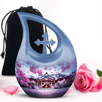 Rose Pink Cherry Blossom Cremation Urn top-down view of secure threaded lid - sacred cross merged with cherry blossom motif on metal - full-size 10 inch 200 cubic inch adult cremation urn