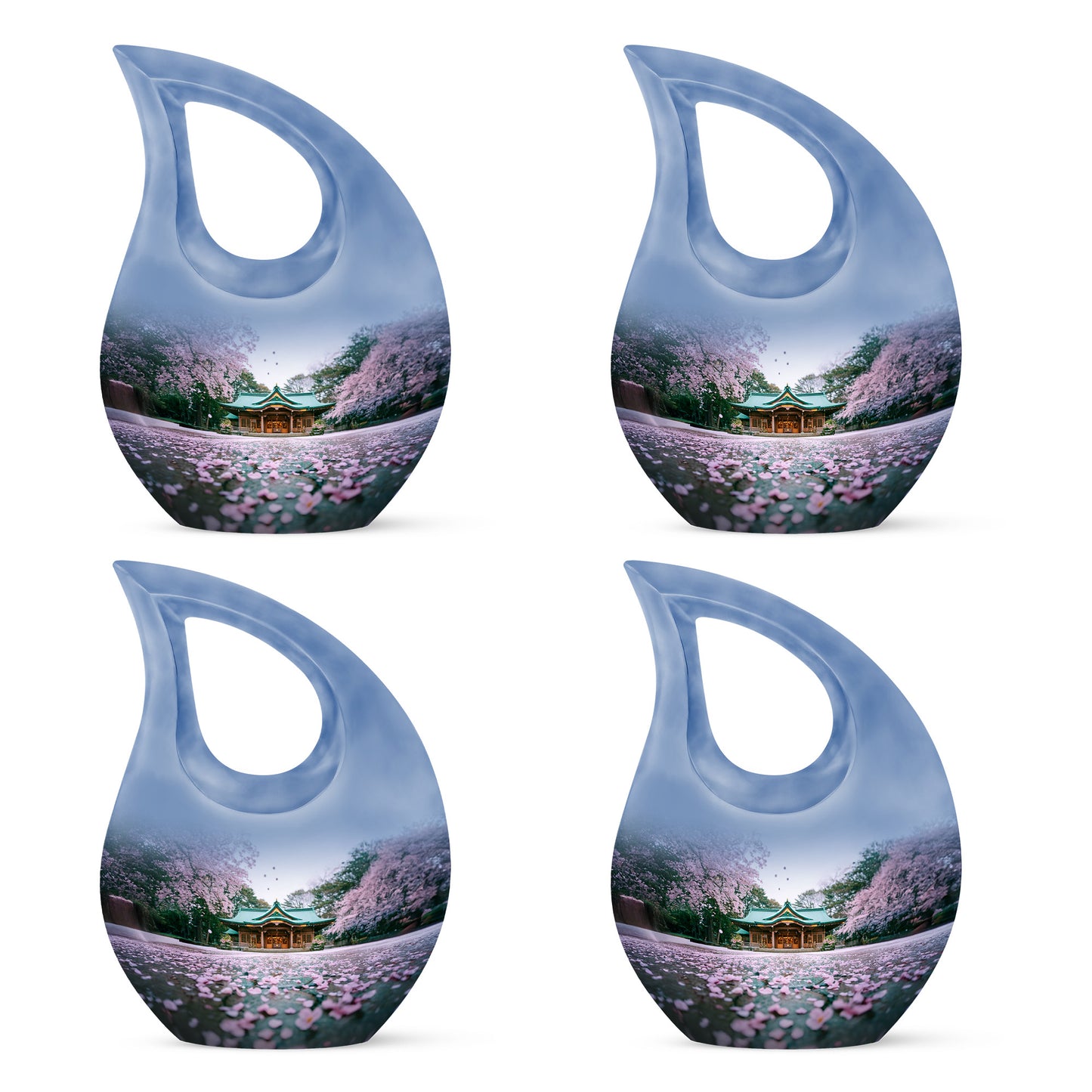 Alabaster White Cherry Blossom Cremation Urn lifestyle display on memorial shelf - cross and cherry blossom combined in spiritual memorial design - 10 inch aluminum urn for cremated remains