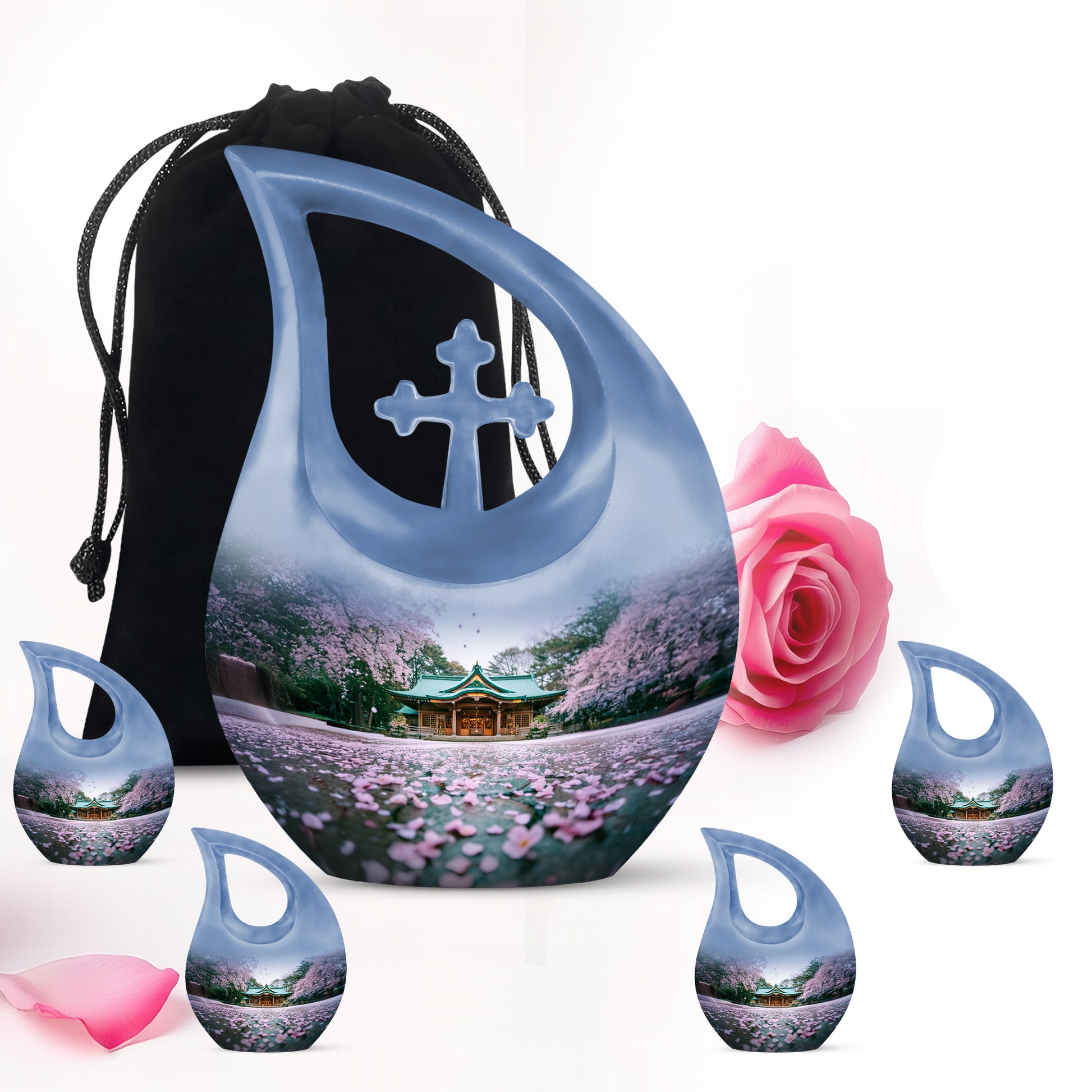Silk White Cherry Blossom Cremation Urn urn with complimentary velvet bag - devotional cross-drop cherry blossom engraving - memorial set with one large and four small urns