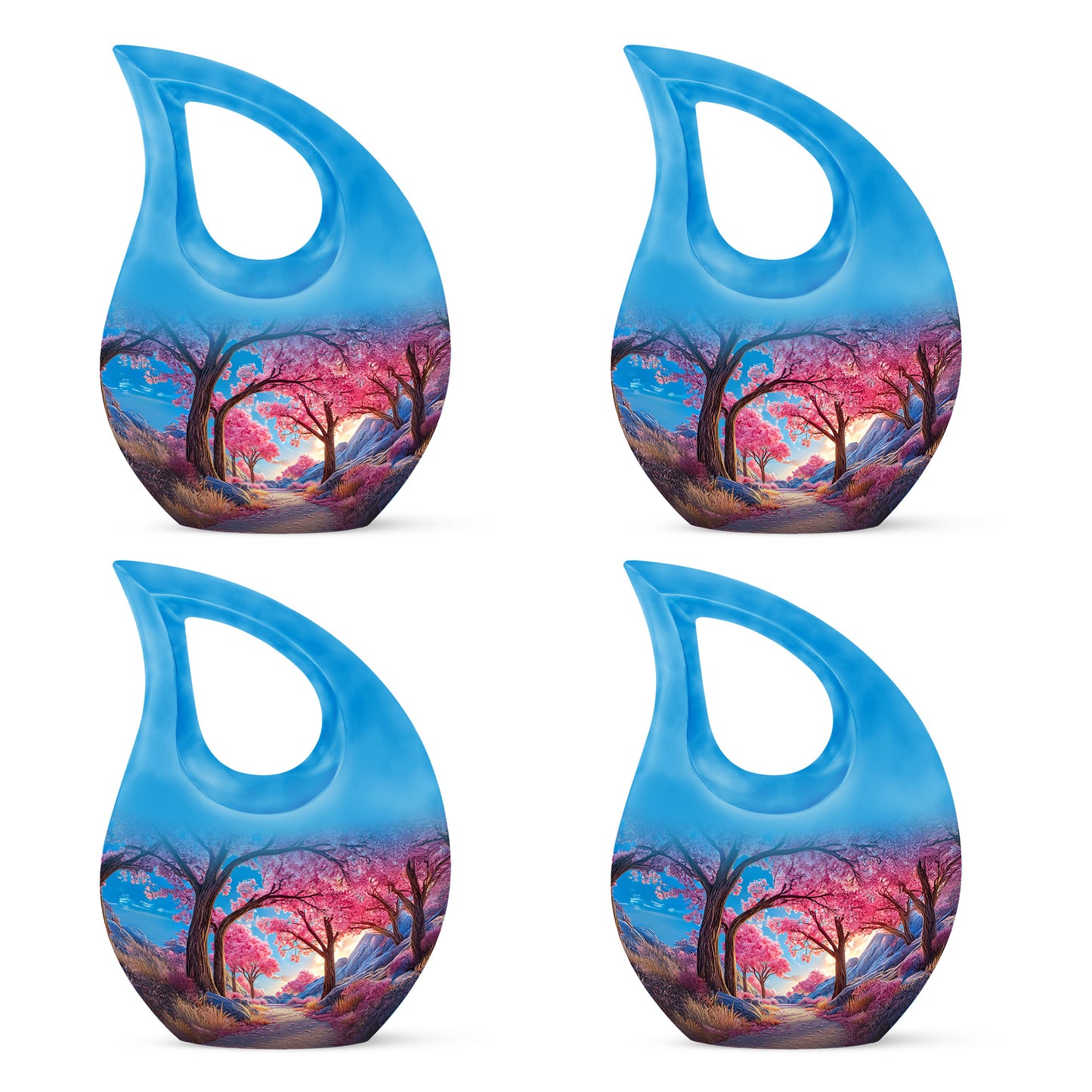 Bright Blue Cherry Blossom Cremation Urn lifestyle display on memorial shelf - devotional cross-drop cherry blossom engraving - 10 inch aluminum urn for cremated remains
