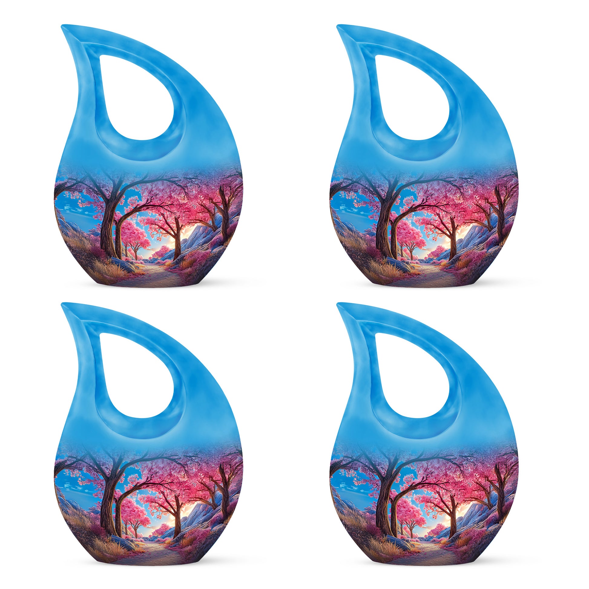 Bright Blue Cherry Blossom Cremation Urn lifestyle display on memorial shelf - devotional cross-drop cherry blossom engraving - 10 inch aluminum urn for cremated remains