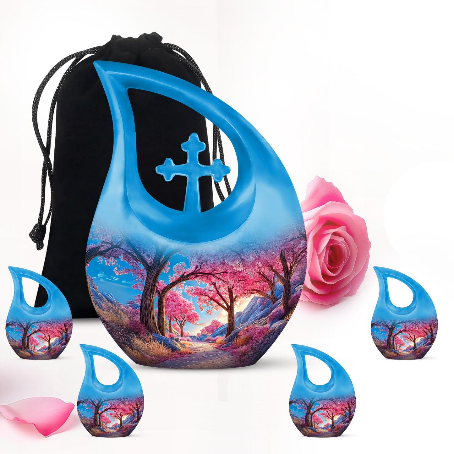 Cornflower Blue Cherry Blossom Cremation Urn urn with complimentary velvet bag - faith-inspired cross-drop urn with cherry blossom pattern - memorial set with one large and four small urns