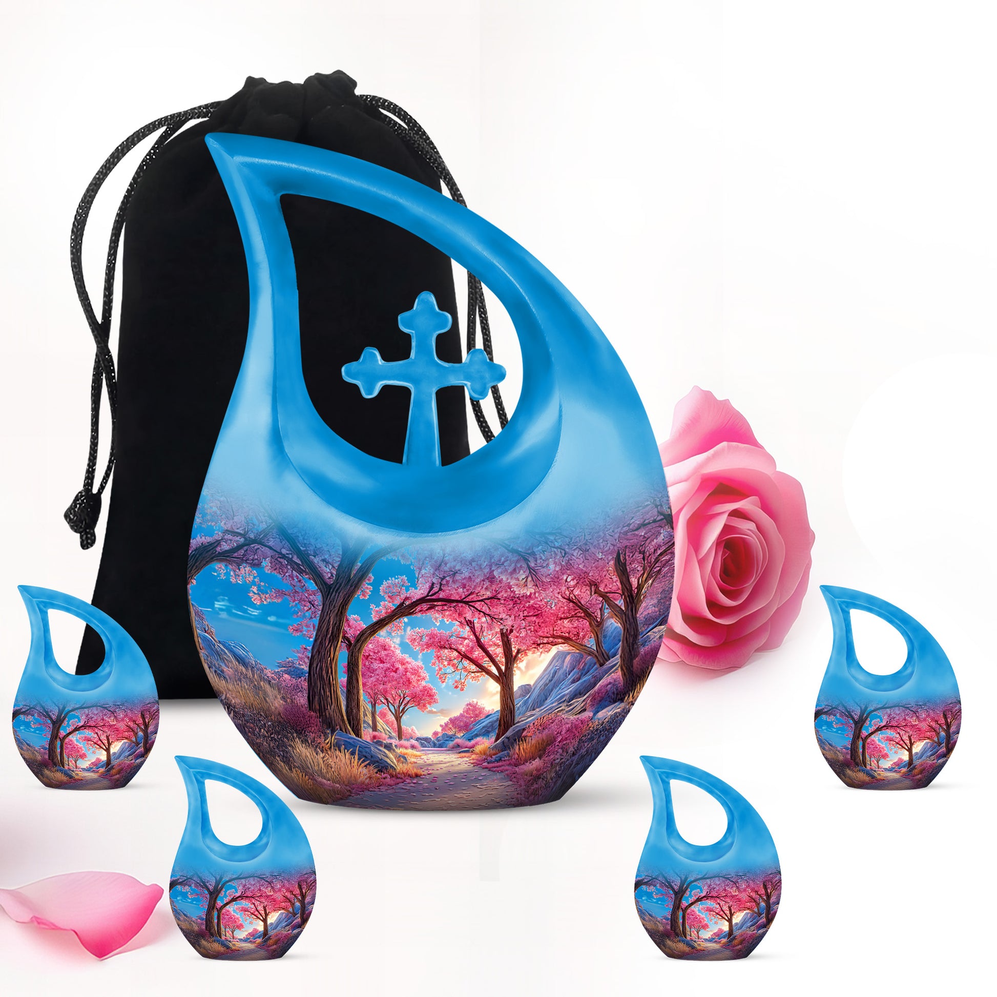 Cornflower Blue Cherry Blossom Cremation Urn urn with complimentary velvet bag - faith-inspired cross-drop urn with cherry blossom pattern - memorial set with one large and four small urns