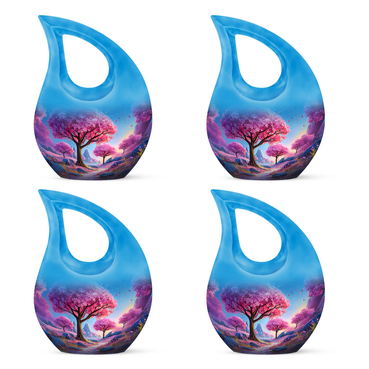 Royal Blue Cherry Blossom Cremation Urn lifestyle display on memorial shelf - devotional cross-drop cherry blossom engraving - 10 inch aluminum urn for cremated remains