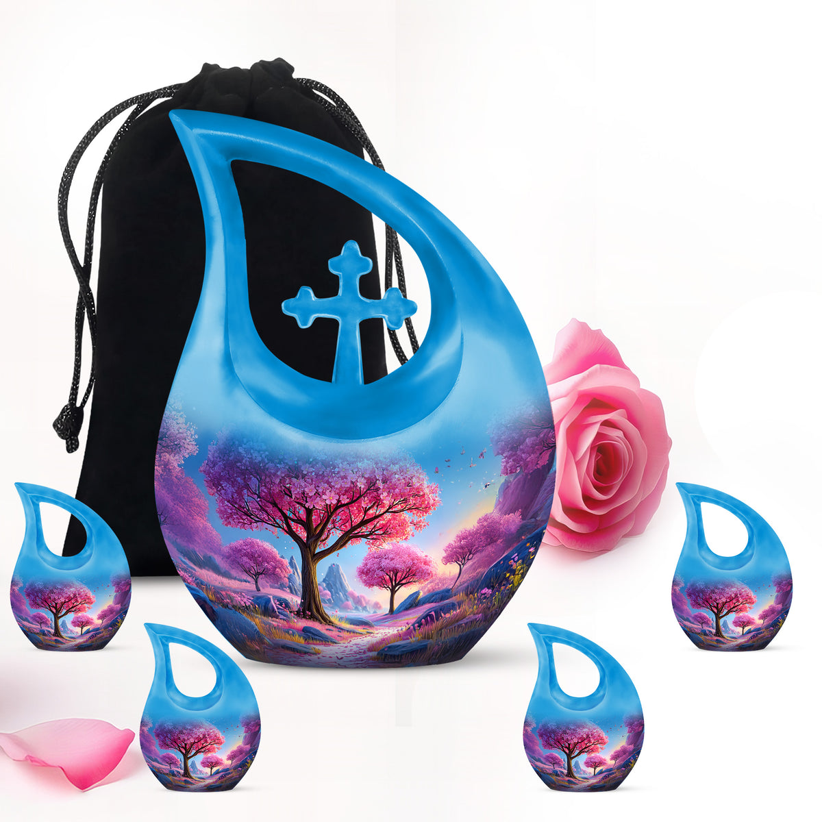Cobalt Blue Cherry Blossom Cremation Urn urn with complimentary velvet bag - devotional cross-drop cherry blossom engraving - memorial set with one large and four small urns