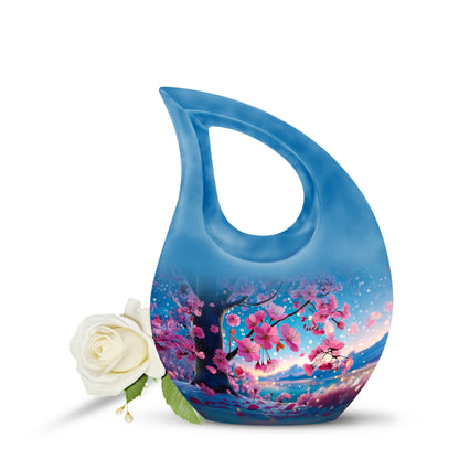 Teal Sacred Cherry Blossom Cremation Urns for Human Ashes - 10-inch, 200 cu in - Yatskia