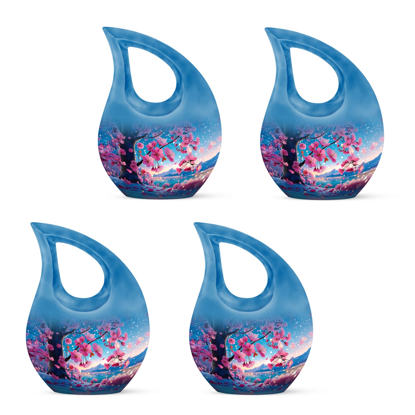 Jewel Teal Cherry Blossom Cremation Urn lifestyle display on memorial shelf - sacred cross merged with cherry blossom motif on metal - 10 inch aluminum urn for cremated remains