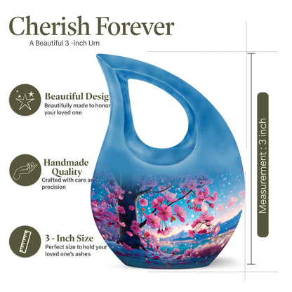 Ocean Teal Cherry Blossom Cremation Urn back view with polished surface - cross and cherry blossom combined in spiritual memorial design - mini keepsake memorial for portion of cremation ashes