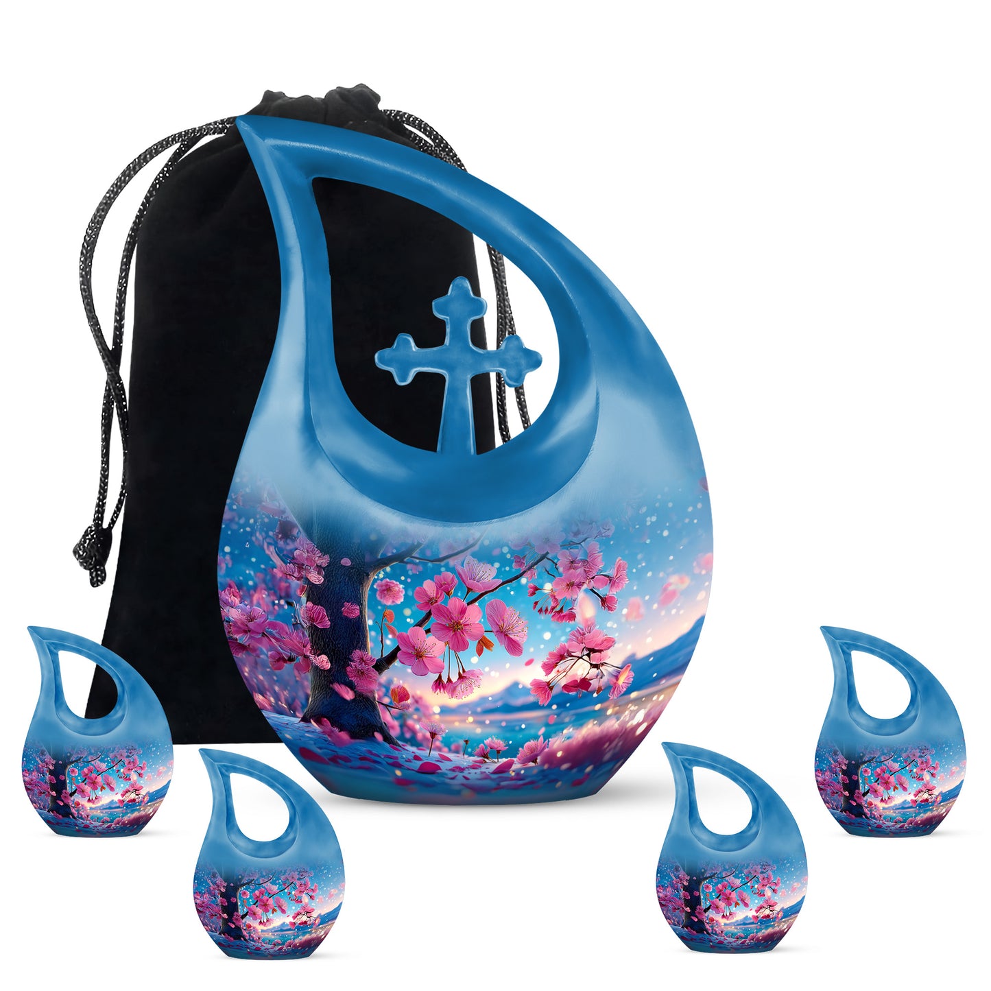 Mystic Teal Cherry Blossom Cremation Urn urn with complimentary velvet bag - faith-inspired cross-drop urn with cherry blossom pattern - memorial set with one large and four small urns