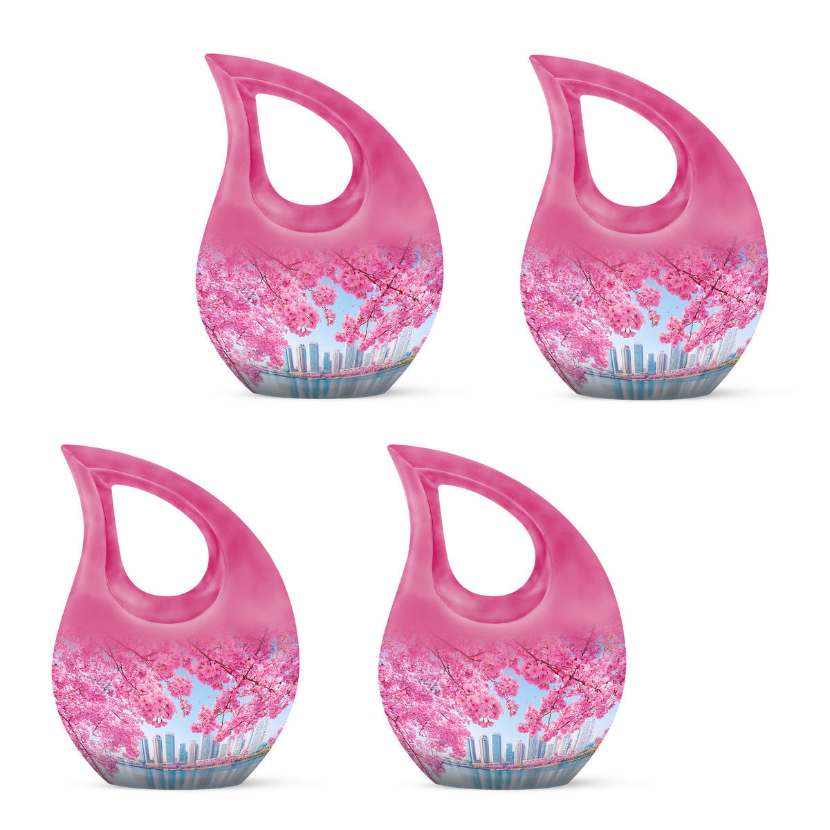 Icy Blue Cherry Blossom Cremation Urn lifestyle display on memorial shelf - cross and cherry blossom combined in spiritual memorial design - 10 inch aluminum urn for cremated remains