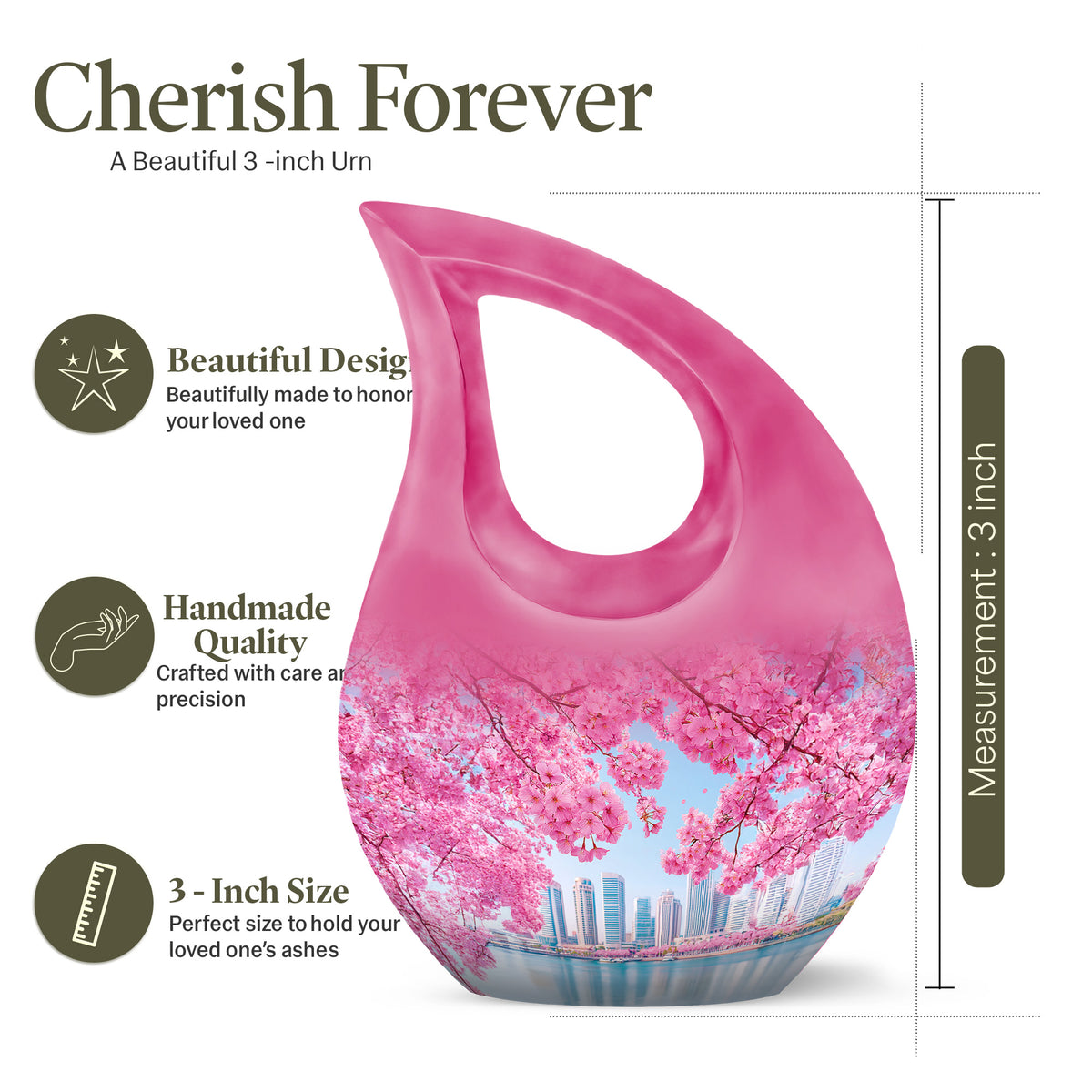 Calming Blue Cherry Blossom Cremation Urn back view with polished surface - faith-inspired cross-drop urn with cherry blossom pattern - mini keepsake memorial for portion of cremation ashes