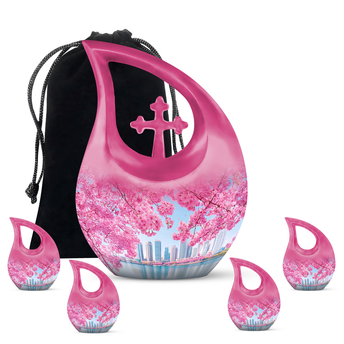 Dusty Blue Cherry Blossom Cremation Urn urn with complimentary velvet bag - sacred cross merged with cherry blossom motif on metal - memorial set with one large and four small urns