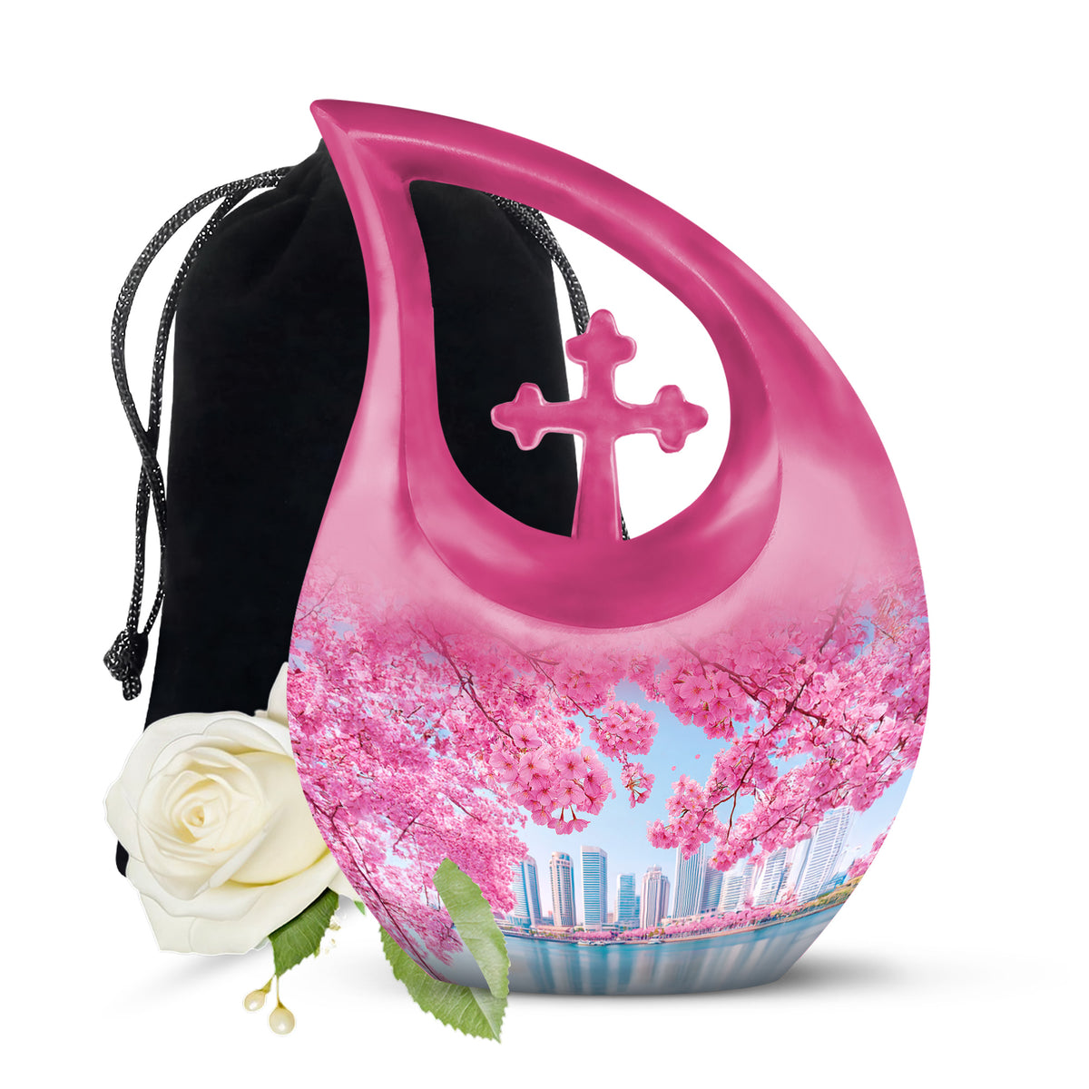 Icy Blue Cherry Blossom Cremation Urn top-down view of secure threaded lid - cross and cherry blossom combined in spiritual memorial design - full-size 10 inch 200 cubic inch adult cremation urn