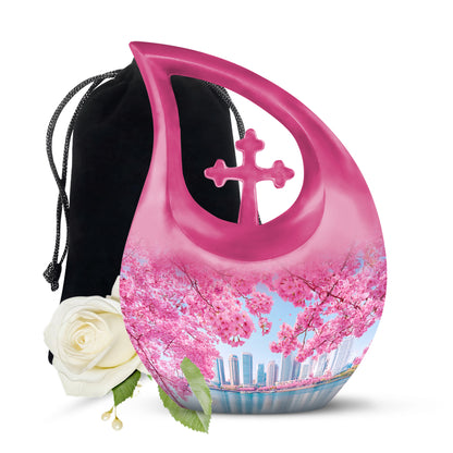 Icy Blue Cherry Blossom Cremation Urn top-down view of secure threaded lid - cross and cherry blossom combined in spiritual memorial design - full-size 10 inch 200 cubic inch adult cremation urn