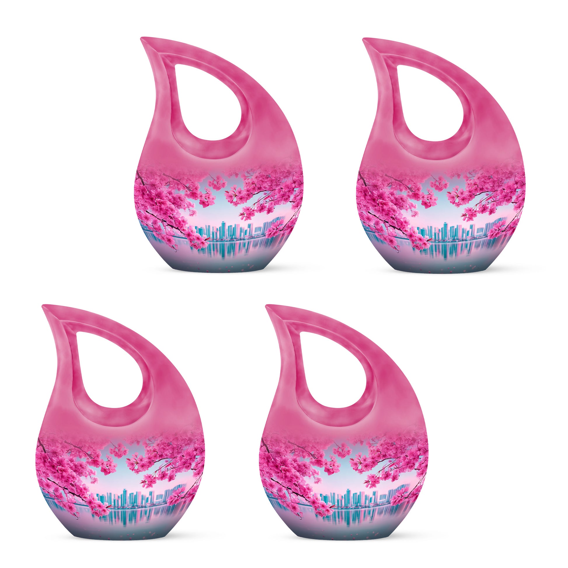 Aqua Teal Cherry Blossom Cremation Urn lifestyle display on memorial shelf - faith-inspired cross-drop urn with cherry blossom pattern - 10 inch aluminum urn for cremated remains