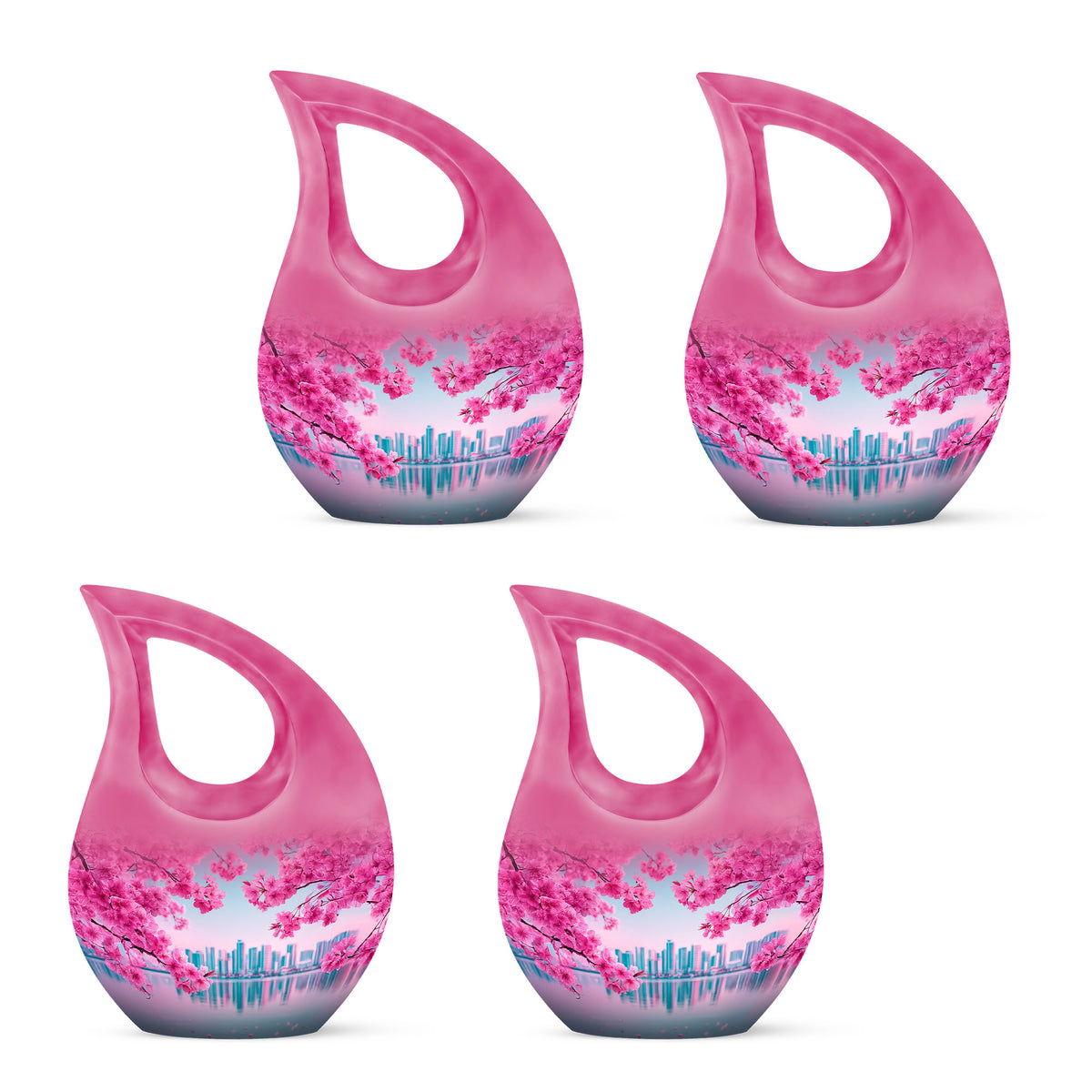 Aqua Teal Cherry Blossom Cremation Urn lifestyle display on memorial shelf - faith-inspired cross-drop urn with cherry blossom pattern - 10 inch aluminum urn for cremated remains