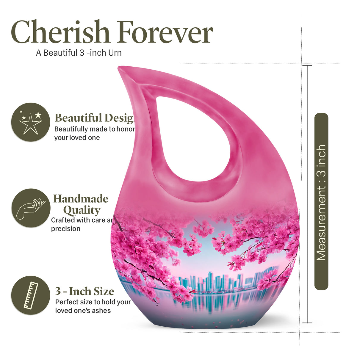 Ocean Teal Cherry Blossom Cremation Urn back view with polished surface - cross and cherry blossom combined in spiritual memorial design - mini keepsake memorial for portion of cremation ashes