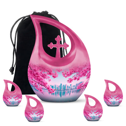Soft Teal Cherry Blossom Cremation Urn urn with complimentary velvet bag - sacred cross merged with cherry blossom motif on metal - memorial set with one large and four small urns
