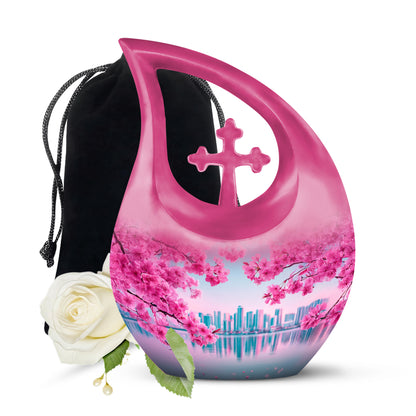 Cool Teal Cherry Blossom Cremation Urn top-down view of secure threaded lid - cross and cherry blossom combined in spiritual memorial design - full-size 10 inch 200 cubic inch adult cremation urn