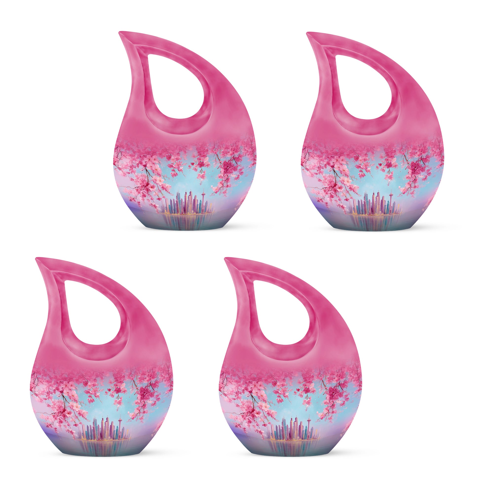 Azure Cherry Blossom Cremation Urn lifestyle display on memorial shelf - sacred cross merged with cherry blossom motif on metal - 10 inch aluminum urn for cremated remains
