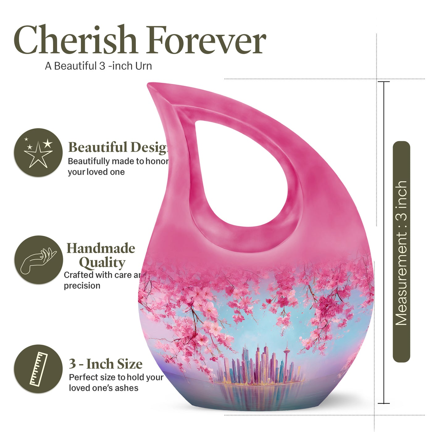 Dusty Blue Cherry Blossom Cremation Urn back view with polished surface - cross and cherry blossom combined in spiritual memorial design - mini keepsake memorial for portion of cremation ashes