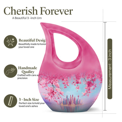 Dusty Blue Cherry Blossom Cremation Urn back view with polished surface - cross and cherry blossom combined in spiritual memorial design - mini keepsake memorial for portion of cremation ashes